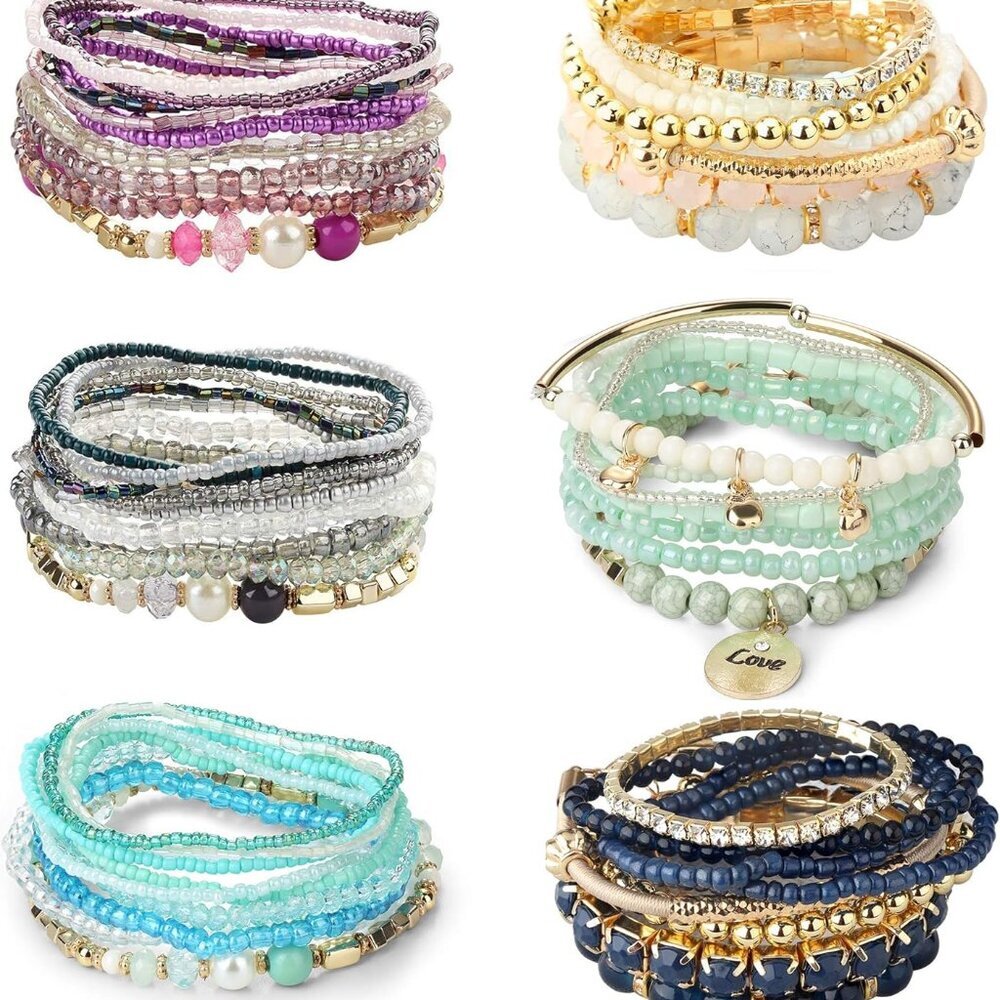 6 Sets Bohemian Stackable Bead Bracelets for Women Stretch Bohemian Style Stretc
